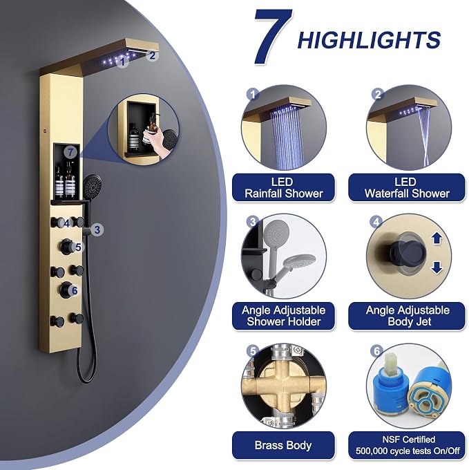 ROVATE LED Rainfall Waterfall Shower Panel Tower with Shelf, Brushed Gold | Powerful Stainless Steel Shower Column with 6 Angle Adjustable Body Massage Jets, Self-Cleaning 5-Setting Handheld