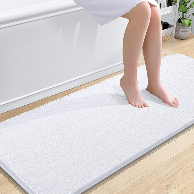 OLANLY Bathroom Runner Rugs 59x24, Extra Soft Absorbent Chenille Bath Rugs | White, Quick-Drying Rubber Backing, Machine Washable Long Bath Mat for Bathroom Floor, Tub and Shower, Home Decor Accessories