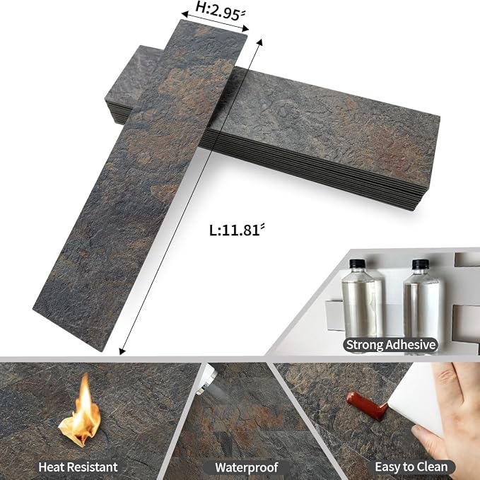 AULIGET 40-Piece Rust Slate Peel and Stick Backsplash Wall Tiles, 3" x 12" PVC Faux Stone Stick on Tiles for Backsplash Kitchen, Bathroom, Laundry Room, Camper, Fireplace