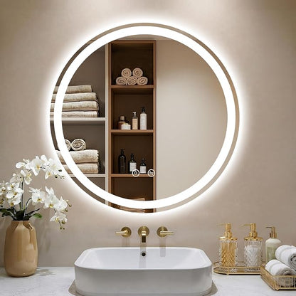 28 Inch Round LED Bathroom Mirror with Lights, Circle Lighted Vanity Mirror | Smart Anti-Fog, Dimmable 3 Color Modes, Backlit+Frontlit, Memory Function, HD Tempered Glass, Touch Sensor