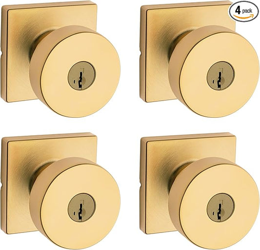 Kwikset Pismo Entry Door Knob with Lock and Key, Secure Keyed Handle Exterior, Front Entrance and Bedroom, Satin Brass, 4 Pack, Pick Resistant SmartKey Rekey Security