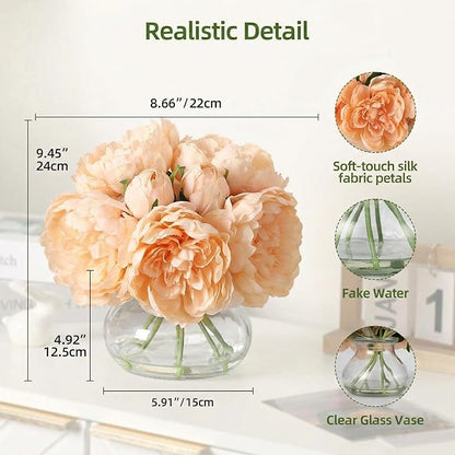 Artificial Peonies Flowers with Vase, Mixed Champagne Silk Peony Bouquet with Faux Water in Glass Vase, Lifelike Fake Peonies Floral Arrangement for Table Centerpiece, Wedding, Party, Home Decor