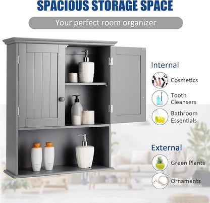 COSTWAY Wall Mounted Bathroom Cabinet, Over the Toilet Storage Cabinet | Double Doors & Adjustable Shelf, Wood Hanging Medicine Cabinet for Living Room, Entryway, Kitchen (Gray)