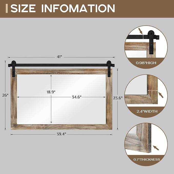 COGOOD Farmhouse Bathroom Mirrors for Over Sink - 26 x 41 Striped Brown | Rustic Barn Door Wood Framed Vanity Mirror for Entryway, Living Room, Bedroom, Dresser Wall Decor