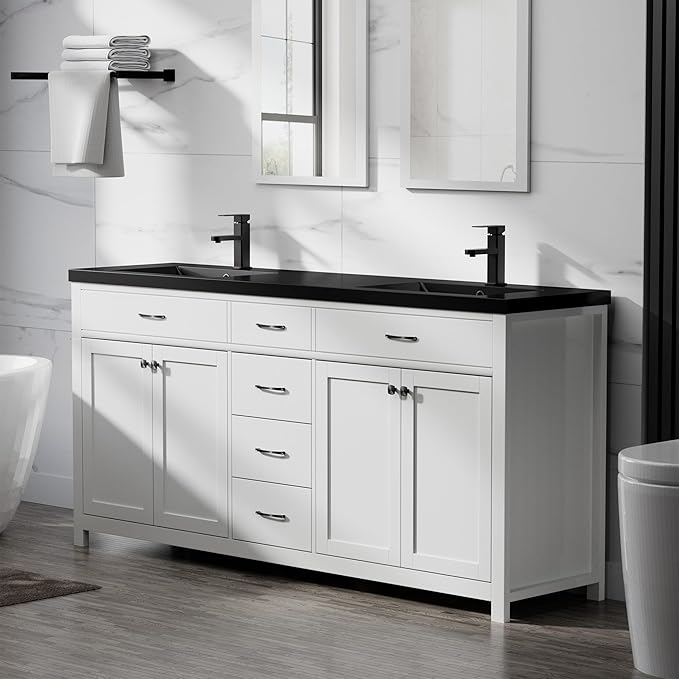 LUCKWIND 72" Bathroom Vanity and Sink Combo, Painted Modern Bathroom Storage Cabinet with Double Large Black Sink, Four Doors and Three Drawers, Include Faucet, Without Mirror, White