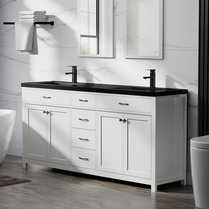 LUCKWIND 72" Bathroom Vanity and Sink Combo, Painted Modern Bathroom Storage Cabinet with Double Large Black Sink, Four Doors and Three Drawers, Include Faucet, Without Mirror, White