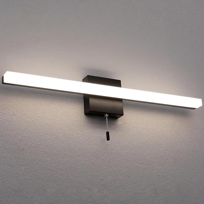 24 Inch LED Bathroom Light Bar Over Mirror, Modern Vanity Light with Pull Chain Switch On/Off, Black Wall Light Fixture, Cool White 6000K