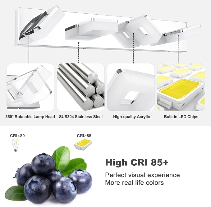 GOODATE 3 Colors Dimmable Vanity Lights for Bathroom, LED Chrome 4 Light Vanity Light, Acrylic Stainless Steel Bathroom Light Fixtures Over Mirror, Adjustable 3000K/4000K/6000K, 360° Rotate