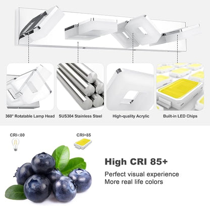 GOODATE 3 Colors Dimmable Vanity Lights for Bathroom, LED Chrome 4 Light Vanity Light, Acrylic Stainless Steel Bathroom Light Fixtures Over Mirror, Adjustable 3000K/4000K/6000K, 360° Rotate
