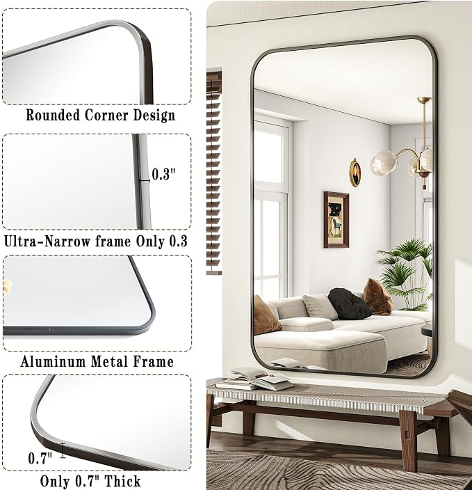 30x48 Inch Black Bathroom Vanity Mirror for Over Sink | Rectangle Wall Mirror for Bathroom with Round Corner, Hangs Horizontally Vertically for Living Room, Bedroom as Home Decor
