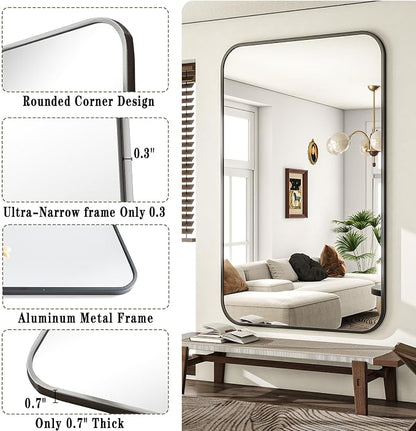 30x48 Inch Black Bathroom Vanity Mirror for Over Sink | Rectangle Wall Mirror for Bathroom with Round Corner, Hangs Horizontally Vertically for Living Room, Bedroom as Home Decor