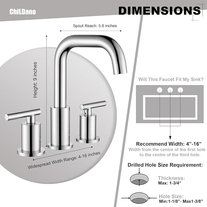 ChiLDano Bathroom Faucet 3 Hole, 2 Handle Chrome Bathroom Sink Faucet | Chrome 3 Hole Sink Faucet with Sink Drain and Water Faucet Supply Hose, Polished Silver Bathroom Water Faucets CH3166CP
