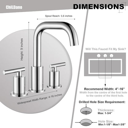 ChiLDano Bathroom Faucet 3 Hole, 2 Handle Chrome Bathroom Sink Faucet | Chrome 3 Hole Sink Faucet with Sink Drain and Water Faucet Supply Hose, Polished Silver Bathroom Water Faucets CH3166CP