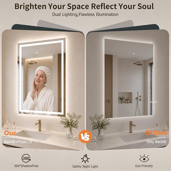20"x30" LED Bathroom Mirror with Lights, Anti-Fog, Backlit+Frontlit | CRI 95, Stepless Dimmable, 3 Colors Lighting, Shatterproof Tempered Glass, HD Reflection, Memory, (Horizontal/Vertical)