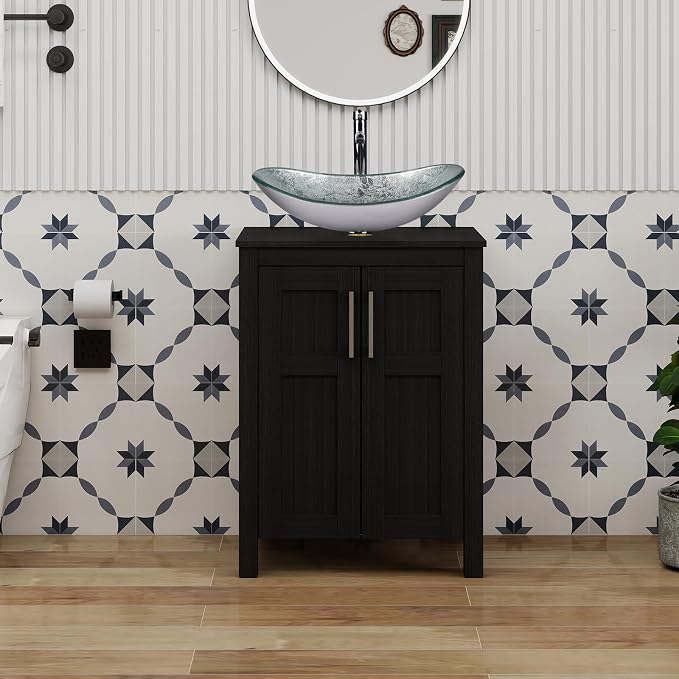 YOURLITE 24" Bathroom Vanity with Sink, White Bathroom Vanity and Sink Combo with Faucet & Pop Up Drain Set,Traditional Vanity with Blue Glass Boat Bathroom Sink