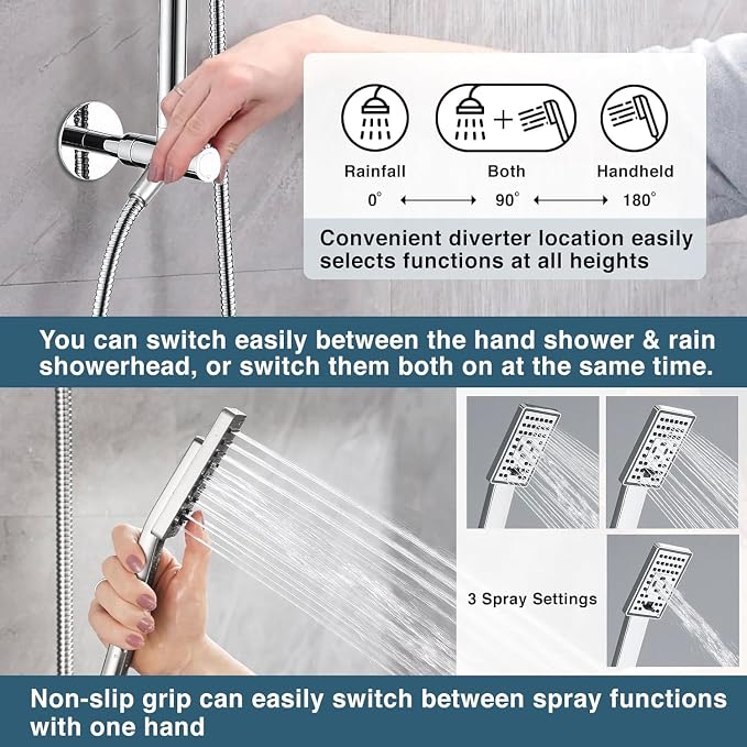 BRIGHT SHOWERS Rain Shower Heads System, Rainfall Shower Head with Handheld Spray Combo Includes Solid Brass Slide Bar, Height Adjustable Shower Holder, Shower Extension Arm and 60" Long Hose, Chrome