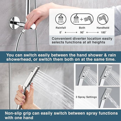 BRIGHT SHOWERS Rain Shower Heads System, Rainfall Shower Head with Handheld Spray Combo Includes Solid Brass Slide Bar, Height Adjustable Shower Holder, Shower Extension Arm and 60" Long Hose, Chrome