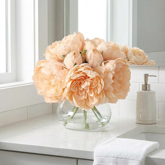 Artificial Peonies Flowers with Vase, Mixed Champagne Silk Peony Bouquet with Faux Water in Glass Vase, Lifelike Fake Peonies Floral Arrangement for Table Centerpiece, Wedding, Party, Home Decor