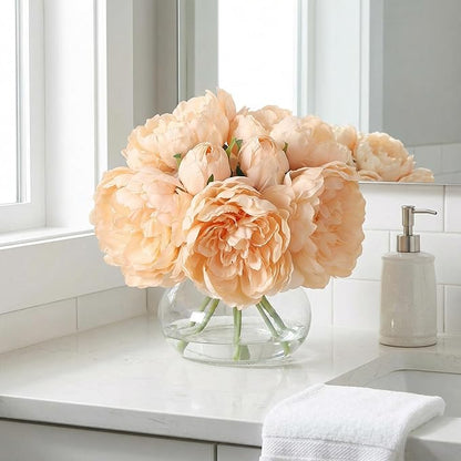 Artificial Peonies Flowers with Vase, Mixed Champagne Silk Peony Bouquet with Faux Water in Glass Vase, Lifelike Fake Peonies Floral Arrangement for Table Centerpiece, Wedding, Party, Home Decor