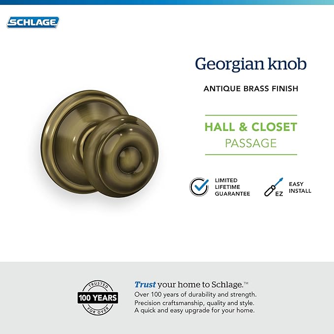 Schlage F10 V GEO 609 Georgian Door Knob, Hall & Closet Passage Lock, Antique Brass