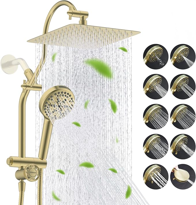 Hibbent High Pressue All Metal 10" Rainfall Shower Head, Handheld 10-Spray | cUPC Certified Brushed Gold Dual Showerhead Combo, 4-way Diverter with Pause Mode, Brass Extension Arm, 71'' Hose & Holder