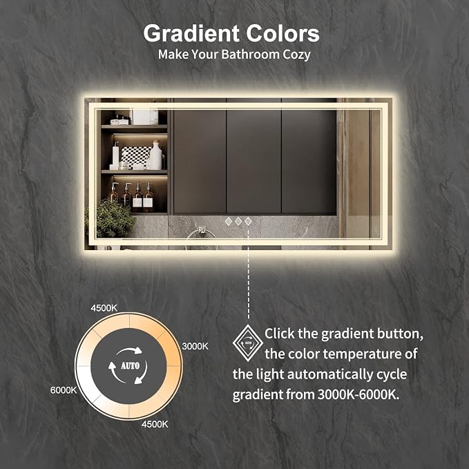 LED Bathroom Mirror with Lights, 72x36 Inch Gradient Front and Backlight LED Mirror, 3 Colors Dimmable CRI>90 Double Light, IP54 Enhanced Anti-Fog, Hanging Plates Wall Mount Bathroom Mirror