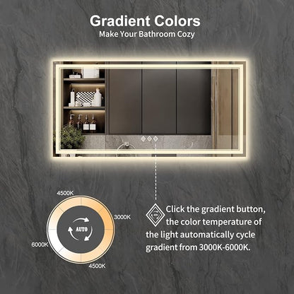 LED Bathroom Mirror with Lights, 72x36 Inch Gradient Front and Backlight LED Mirror, 3 Colors Dimmable CRI>90 Double Light, IP54 Enhanced Anti-Fog, Hanging Plates Wall Mount Bathroom Mirror
