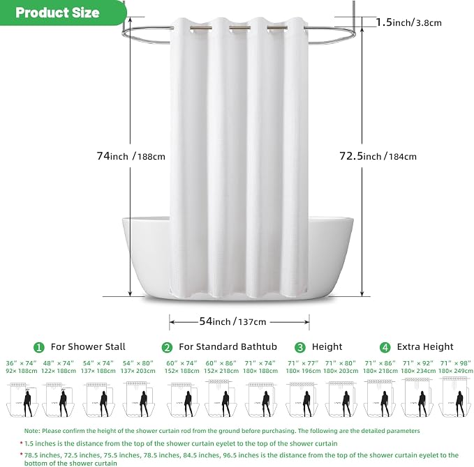 eachope No Hook Waffle Shower Curtain, No Liner Needed, 54x74 Inch, White | 100% waterproof TPU-laminated backing, magnetic weighted hem, machine washable, for bathroom, hotel, or shower stall use