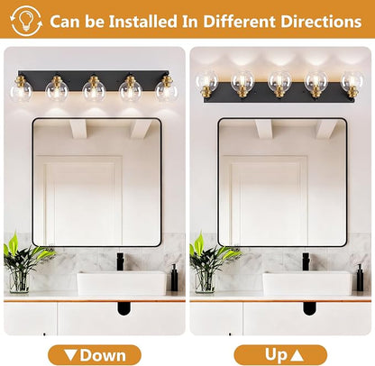 LmnLvn Bathroom Light Fixtures, Farmhouse Black & Gold Metal with Globe | 5-Light Rustic Vanity Lights,Easy To Install, Mounted Over Mirror for Bathroom, Bedroom & Hallway
