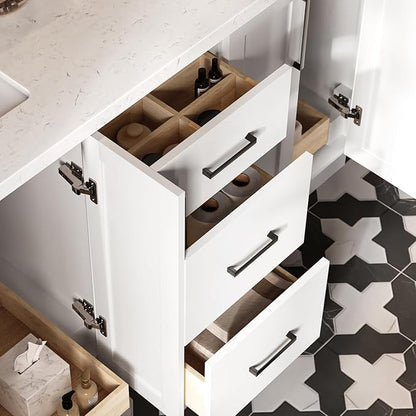 ARIEL Loren 60-inch Bathroom Vanity with Sink,Solid Wood, 1.5-inch Carrara White Quartz Countertop, Double Rectangular Porcelain Sink, 4 Soft Closing Doors, 3 Dovetail Drawers, White