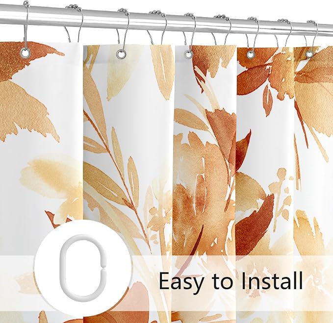 Extra Long Shower Curtain 72 x 84 Inch, Tall Orange Fall Floral Decor | Burnt Orange Fall Watercolor Floral Modern Abstract Flower Bathroom Fabric Shower Curtain Set with Hooks