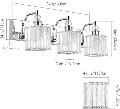 Ralbay Modern Crystal Vanity Light 3 Light 24''Bathroom Lights Fixtures Over Mirror Chrome Vanity Light for Bathroom Wall Lighting
