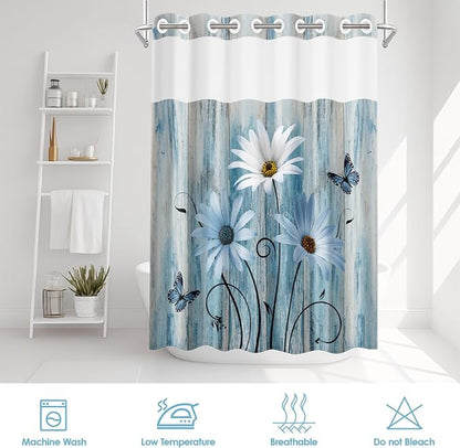 No Hook Shower Curtain with Snap in Liner 54x80 Inch Daisy Floral | Wooden Rustic Blue Modern Double Layers Waterproof Fabric with See Through Top Window Open Grommet Bath Curtain