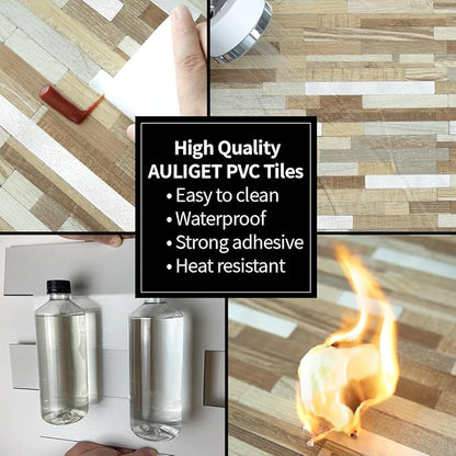 AULIGET 2 Sheets Beige & Brown Wood Peel and Stick Backsplash, PVC Mixed Metal Silver Wall Tile Stick on Backsplash for Kitchen and Bathroom