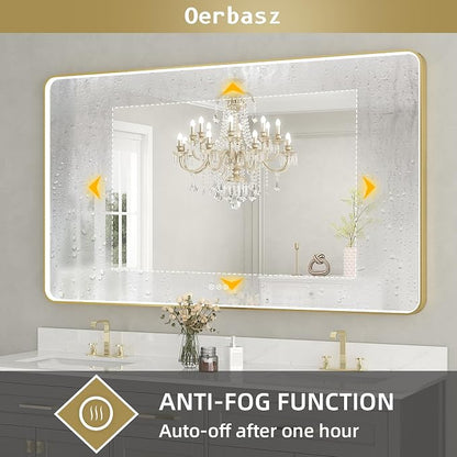 LED Mirror for Bathroom 55X32 Inch Gold Framed with Anti-Fog, Stepless Dimmable, Front Lit, LED Bathroom Vanity Mirror for Wall, Memory Function, Shatter-Proof