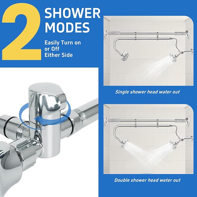 OURBAOFU Tandem Shower Heads, Double Shower Head for Couples, Dual Shower Head System for Two People, High Pressure and Adjustable Double Shower Heads (Silver) | Double Shower Head High Water Pressure,Adjustable 360° Rotation,48–78 In for bathrooms,Sta...
