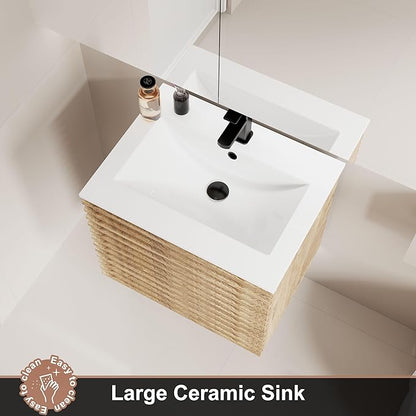 LUCKWIND 24" Floating Bathroom Vanity with Sink, Mid-Century Wall Mounted Big Drawer Cabinet with Ceramic Sink, Water Saving Faucet and Wood Stripes Style, Oak