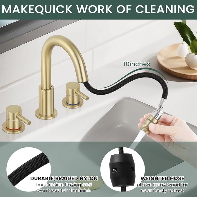 8 Inch Bathroom Faucet 3 Hole Gold Pull Down Bathroom Sink Faucet | Stainless Steel,Two Water Flow Modes,Brushed Nickle,3 hole Widespread,Pop-up Drain,Water Supply Hoses,Pull Down Sprayer,