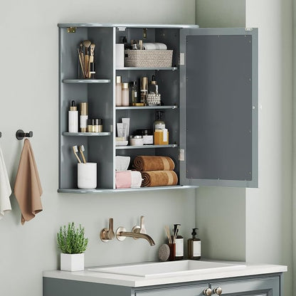 GIANTEX Bathroom Mirror Cabinet (Grey) | Wall Mounted Medicine Cabinet with Mirrored Door & 4 Interior Shelves, 6 Open Shelves, Space-saving Storage Cabinet