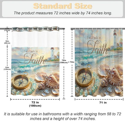 Luxury Ocean Beach No Hook Shower Curtain Nautical Tropical Aesthetic | Seashell No Hook Shower Curtain with Snap in Liner, Waterproof Ringless Shower Curtains for Bathroom 72x74 Inch Colorful