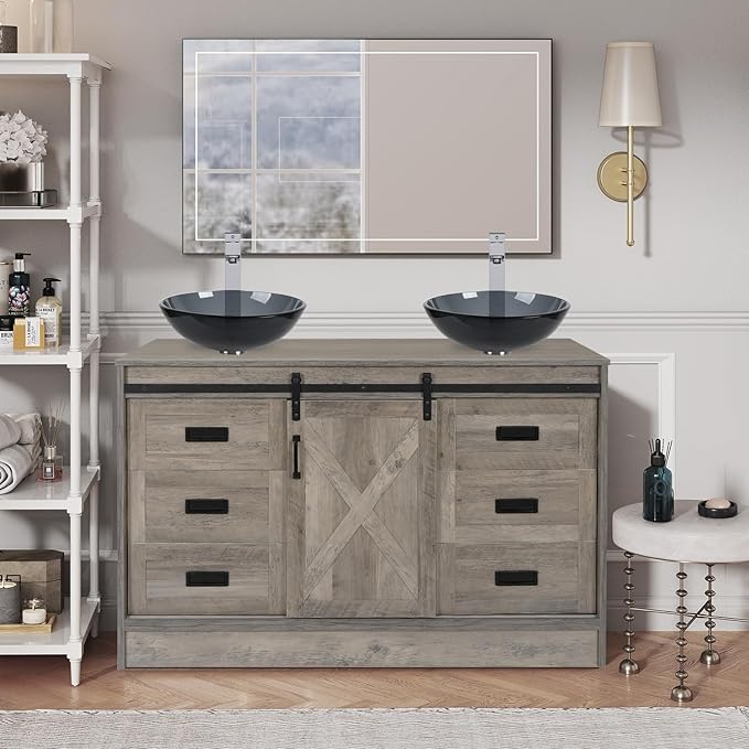 48 inch Barn Door Bathroom Vanity with 6 Drawers, Farmhouse Style Standing Pedestal Cabinet with Two Bluish Gray Glass Vessel Sinks