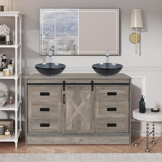48 inch Barn Door Bathroom Vanity with 6 Drawers, Farmhouse Style Standing Pedestal Cabinet with Two Bluish Gray Glass Vessel Sinks
