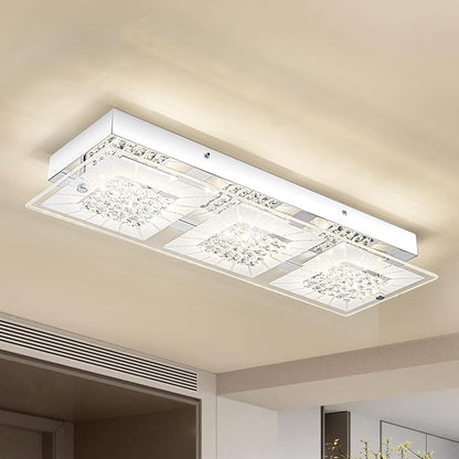 Crystal Ceiling Light Flush Mount 18 Inch Rectangular Crystal Ceiling Light Fxiture LED 4000K Dimmable Ceiling Mounted Light for Kitchen, Hallway, Bedroom, Foyer, 18W