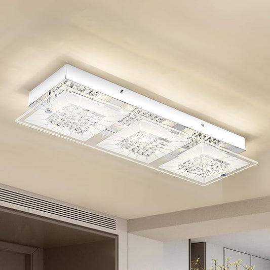Crystal Ceiling Light Flush Mount 18 Inch Rectangular Crystal Ceiling Light Fxiture LED 4000K Dimmable Ceiling Mounted Light for Kitchen, Hallway, Bedroom, Foyer, 18W