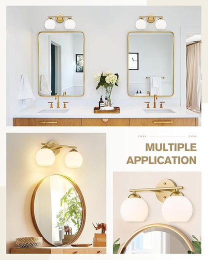 Emak 2-Light Gold Bathroom Light Fixtures, Modern Globe Vanity Lights with Milk Glass Shade for Bathroom, VL114-GD-ML-2