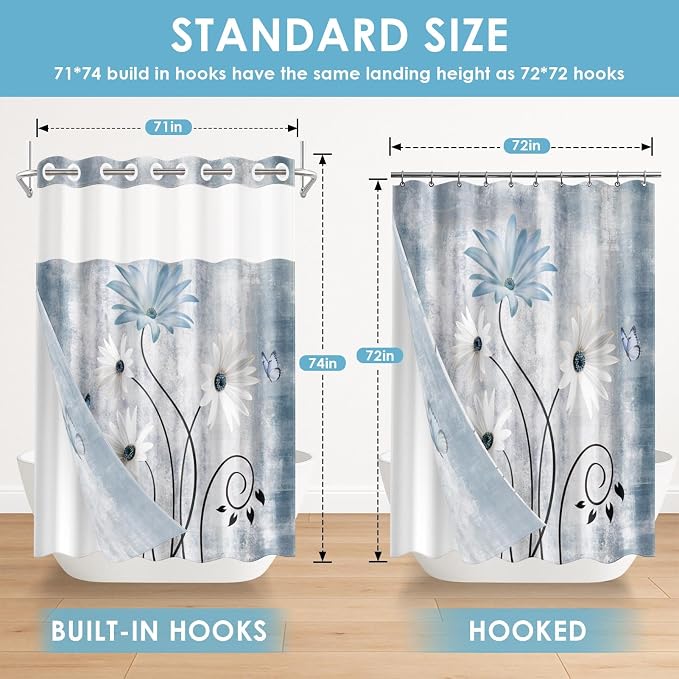 No Hook Shower Curtain with Snap in Liner 71x74 Inch Daisy Blue | Farmhouse Butterfly Wooden Modern Double Layers Waterproof Fabric with See Through Top Window Open Grommet Bath Curtain
