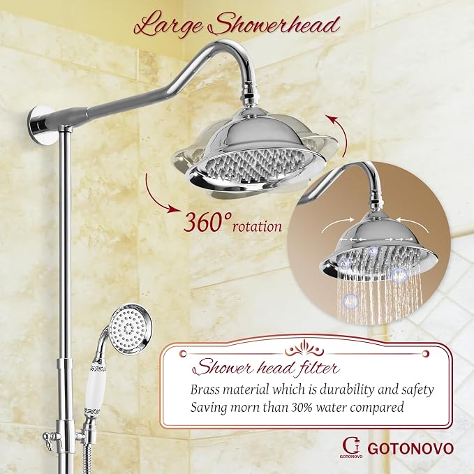 gotonovo Vintage Exposed Shower Faucet Set with Tub Spout,Polish Chrome | Bathtub 8” Shower Head with Handheld System Fixtures Combo Kit,360°Rotation,Fast Filler,Extra Extension Tube,for 5-6.7" Hole