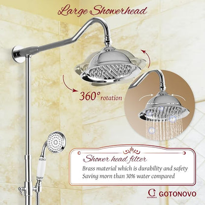 gotonovo Vintage Exposed Shower Faucet Set with Tub Spout,Polish Chrome | Bathtub 8” Shower Head with Handheld System Fixtures Combo Kit,360°Rotation,Fast Filler,Extra Extension Tube,for 5-6.7" Hole
