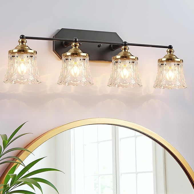 Vintage Bathroom Vanity Light Fixtures, Black and Gold 4-Light Vanity Light, Antique Bathroom Lighting Fixtures Over Mirror with Crystal Glass Shade, Vanity Lights for Bedroom Living Room Hallway
