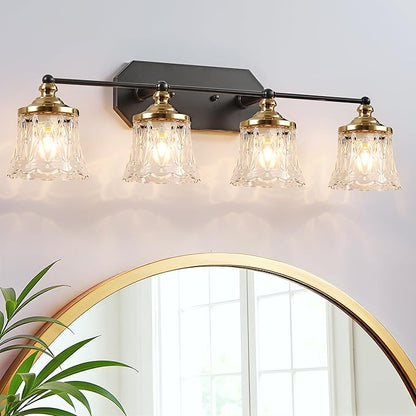 Vintage Bathroom Vanity Light Fixtures, Black and Gold 4-Light Vanity Light, Antique Bathroom Lighting Fixtures Over Mirror with Crystal Glass Shade, Vanity Lights for Bedroom Living Room Hallway